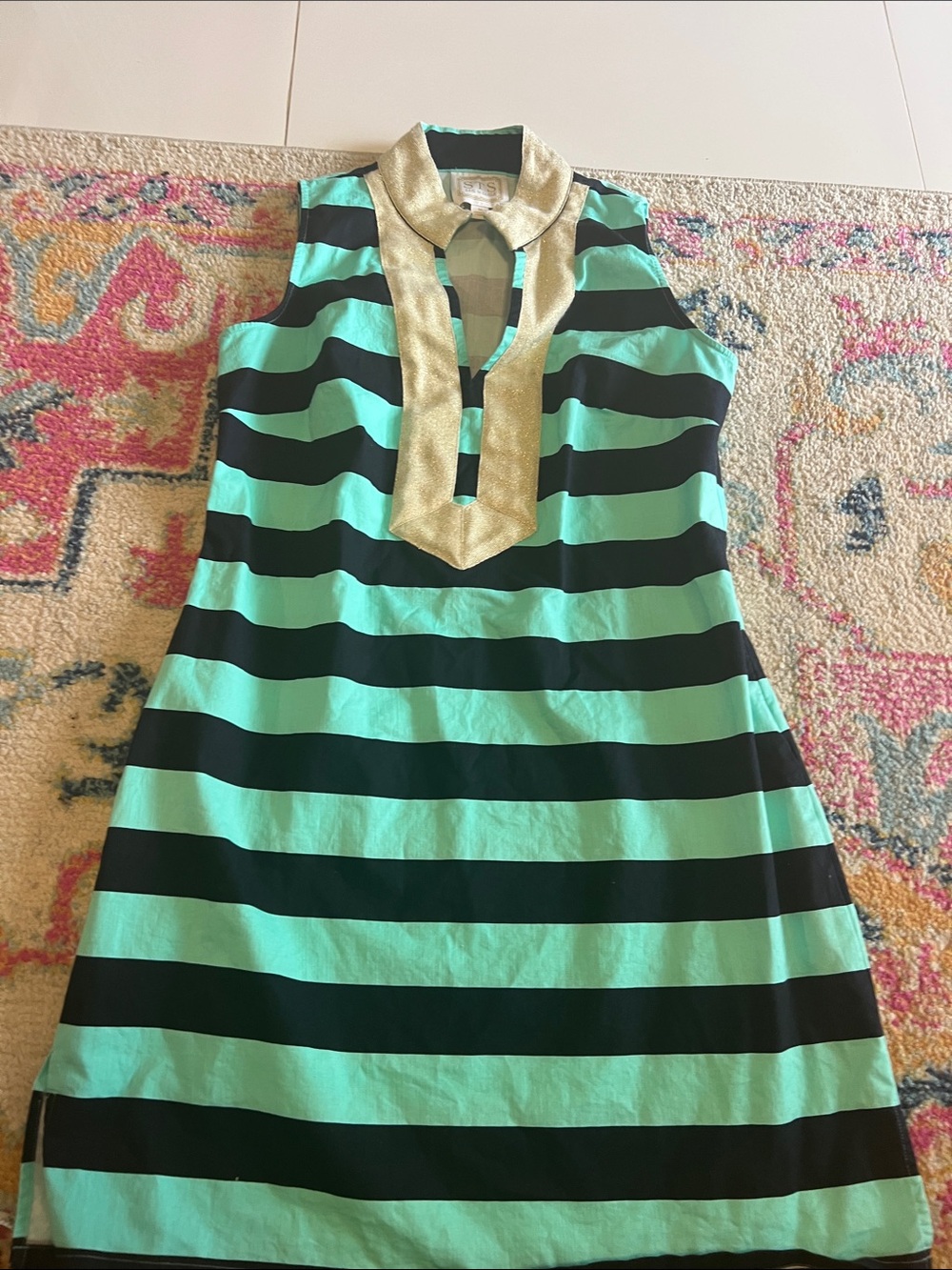 Sail to Sable Mint Green and Black Striped Sleeveless Dress with Gold Trim